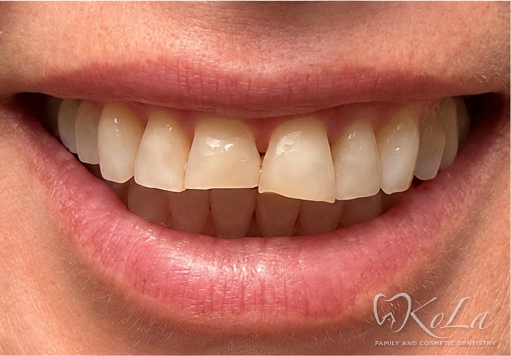 Smile with gap and chipped front teeth after Invisalign, before porcelain veneers and crowns